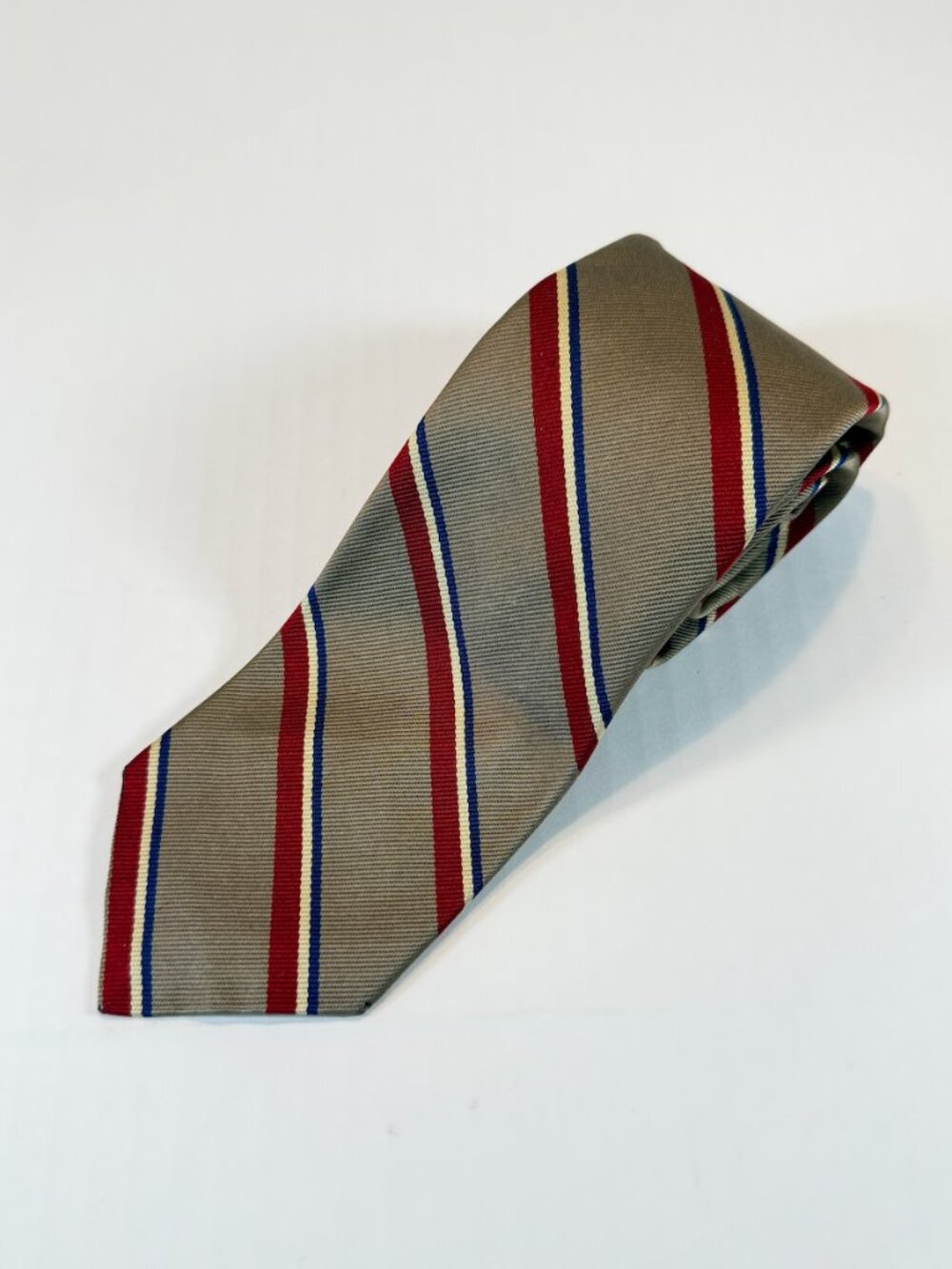Polo Ralph Lauren Mens 100% Silk Repp Tie Tan Red Navy Striped 56.5” x 3”
